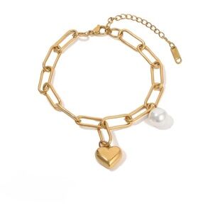 Gold Tone Stainless Steel Paperclip Chain Bracelet with Heart & Pearl Charms